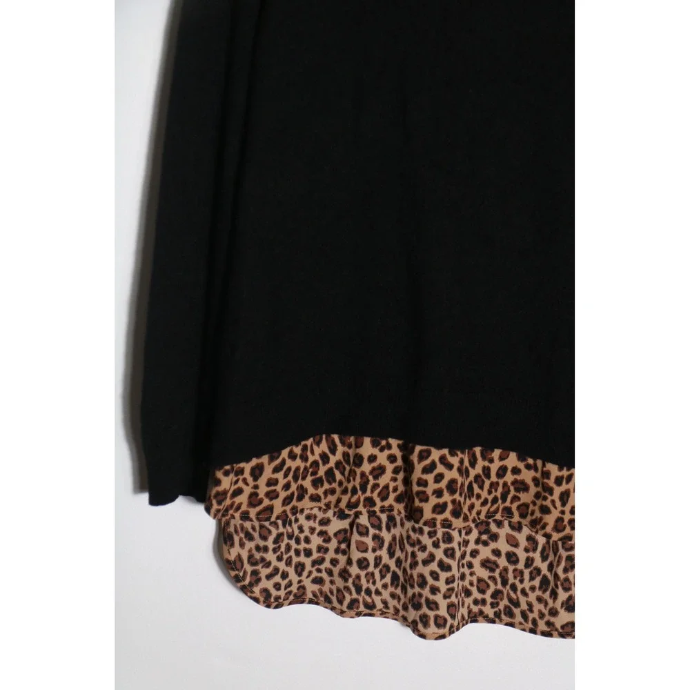 Charter Club 100% Cashmere Sweater Large Black Leopard Blouse Trim Preppy